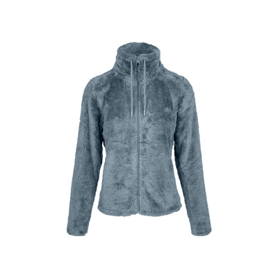 Blauwe pluizige fleece jas voor dames met ritssluiting en hoge kraag