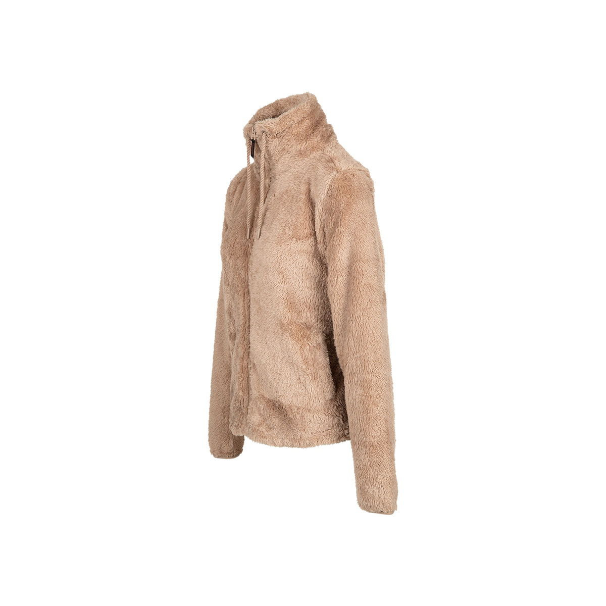 Beige teddy fleece jas voor dames met opstaande kraag en rits, zachte pluizige winterjas