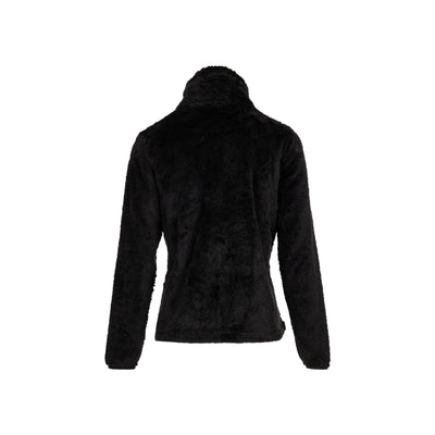 Zwarte pluizige fleece jas voor dames met hoge kraag en ritssluiting
