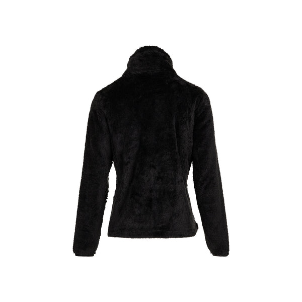 Zwarte pluizige fleece jas voor dames met hoge kraag en ritssluiting