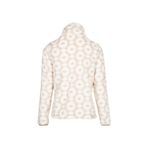 Fleece vest met bloemenprint van achteren, beige met witte bloemen, staande kraag
