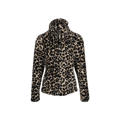Dames fleece vest met luipaardprint en ritssluiting - zachte warme winterjas met opstaande kraag