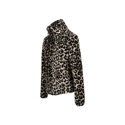 Dames pluche jas met luipaardprint en hoge kraag - zachte fleece jas