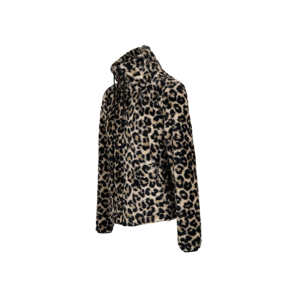 Dames pluche jas met luipaardprint en hoge kraag - zachte fleece jas