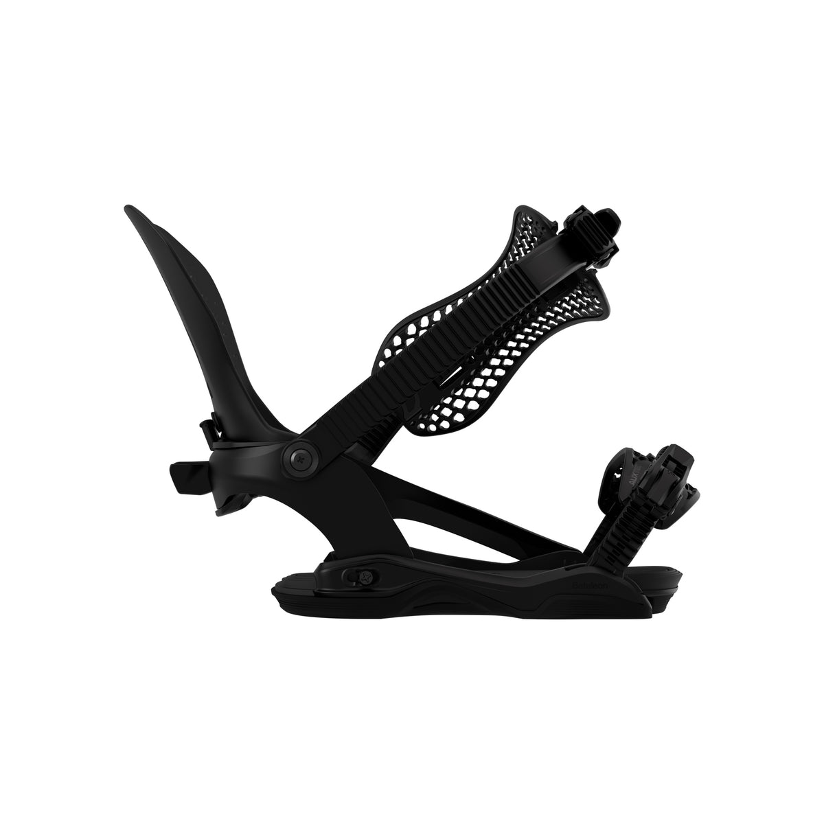 Zwarte snowboard binding met verstelbare riemen en highback, zijaanzicht op witte achtergrond