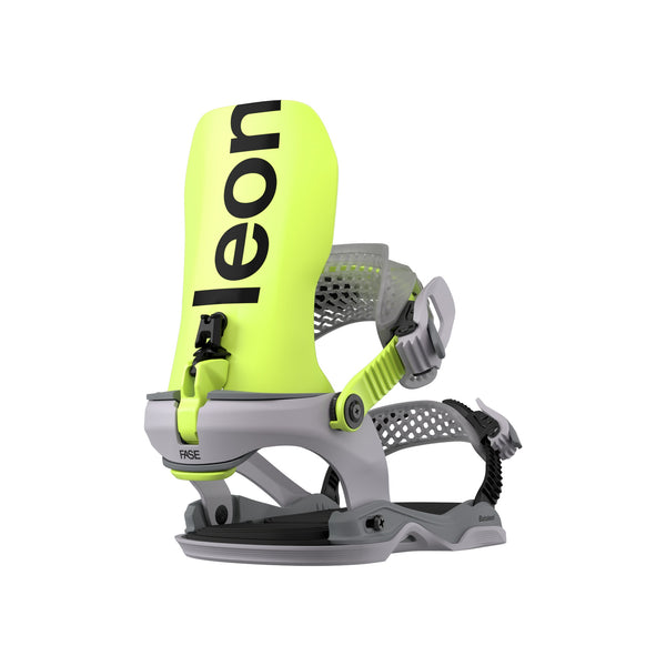 Neon gele en grijze snowboardbinding met verstelbare riemen en highback, zijaanzicht op witte achtergrond