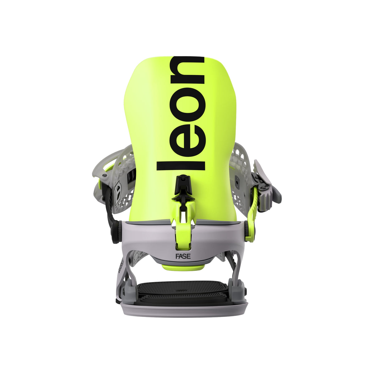 Neon Cadet snowboardbinding met gele highback en grijze straps, achteraanzicht