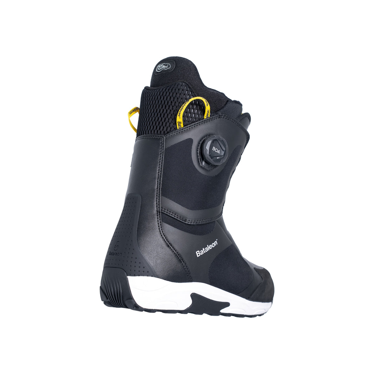 Salomon snowboardboot met Boa-sluitsysteem, zwart met gele accenten, achteraanzicht