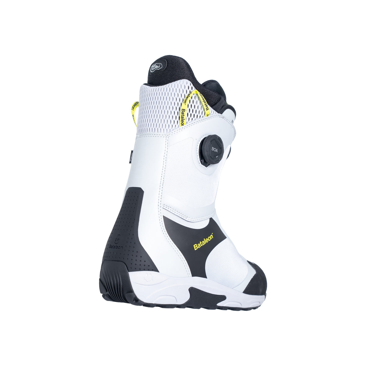 Witte en zwarte snowboardboot met BOA draaisluiting en mesh ventilatie, zijaanzicht
