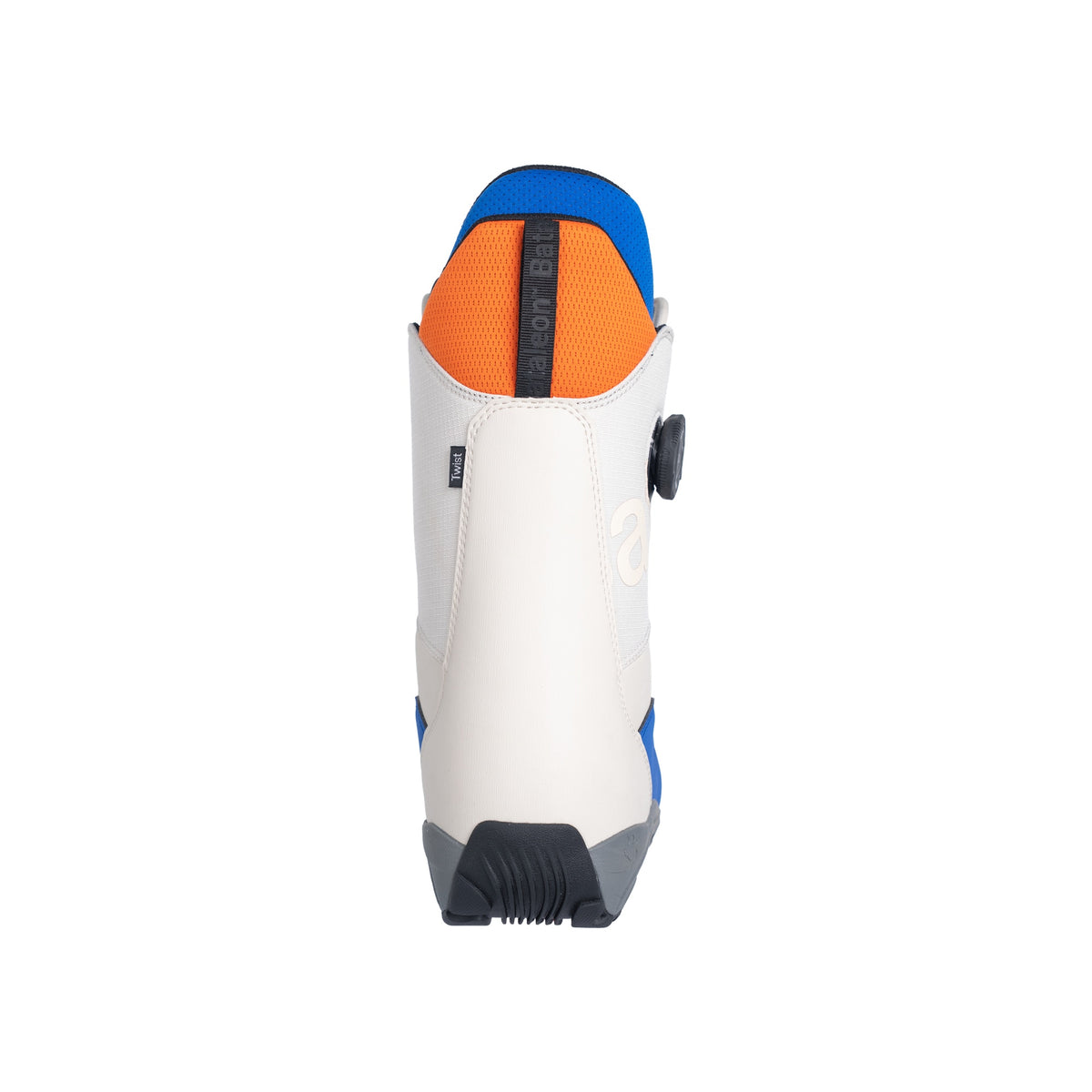 Witte thermosfles met oranje en blauwe accenten, bovenaanzicht met drinkdop en draaggreep