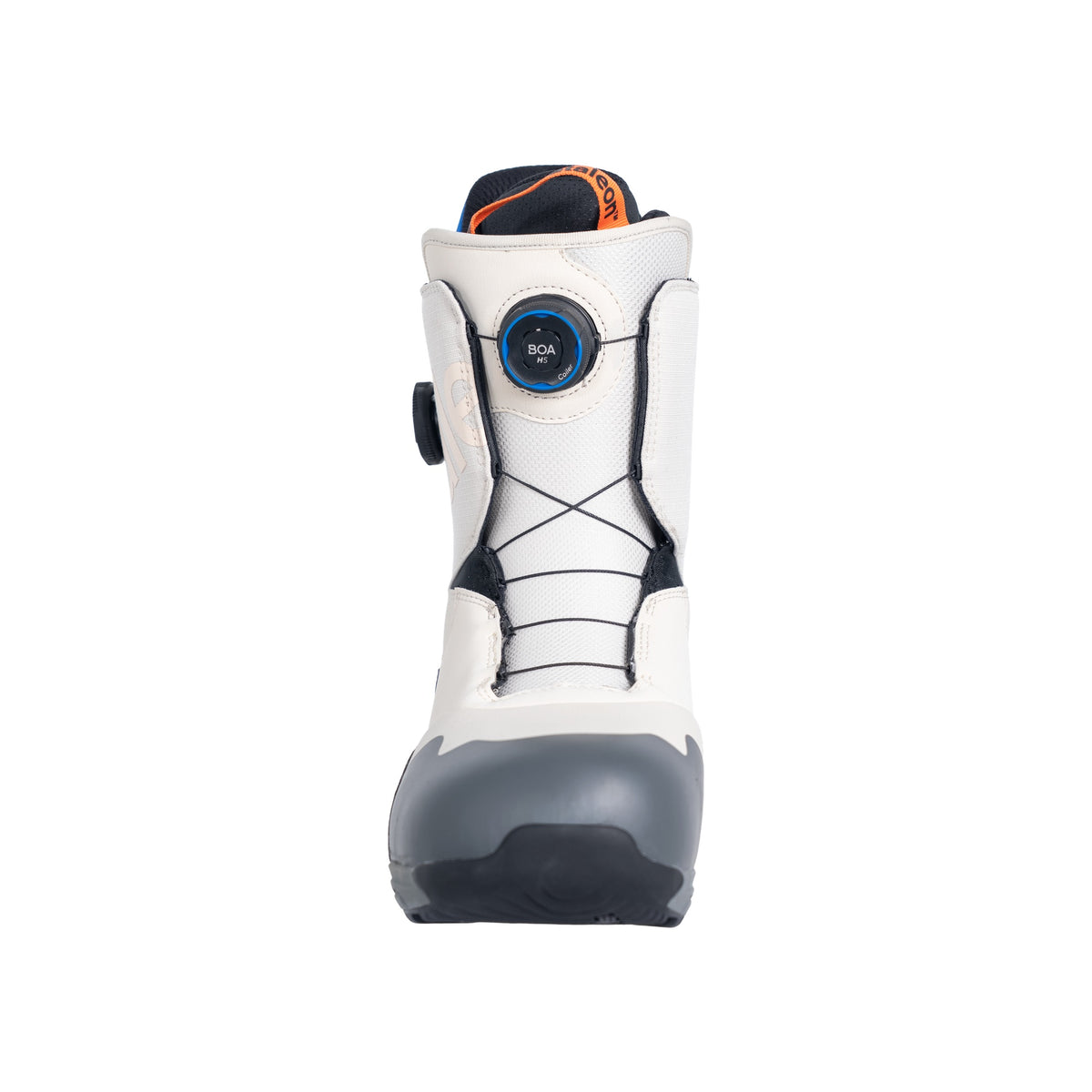 Witte snowboardboot met BOA-sluitsysteem en grijze teen, zijaanzicht van sportieve winterschoen