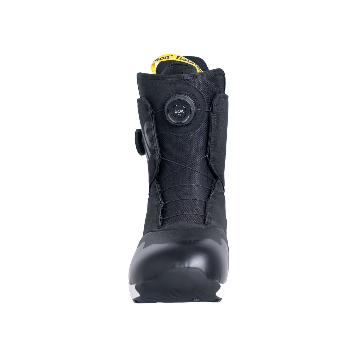 Zwarte snowboardboot met BOA sluitsysteem, vooraanzicht