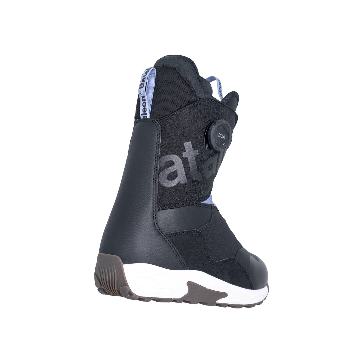 Zwarte snowboardboot met BOA-sluitsysteem en witte zool, zijaanzicht