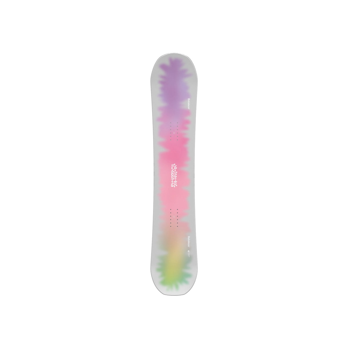 Kleurrijke snowboard met pastel regenboog gradient ontwerp, roze, paars en geel, bovenaanzicht