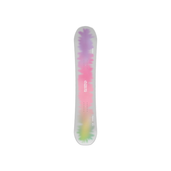Kleurrijke snowboard met pastel regenboog gradient ontwerp, roze, paars en geel, bovenaanzicht
