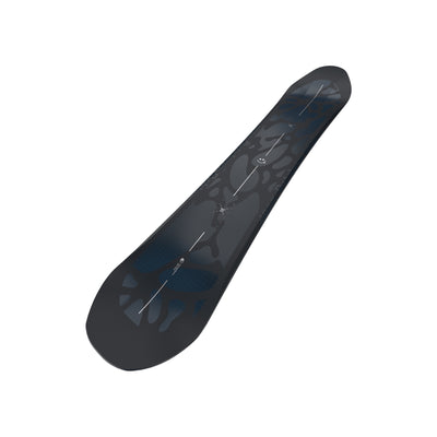 Zwart snowboard met grafisch design, bovenaanzicht geïsoleerd op witte achtergrond