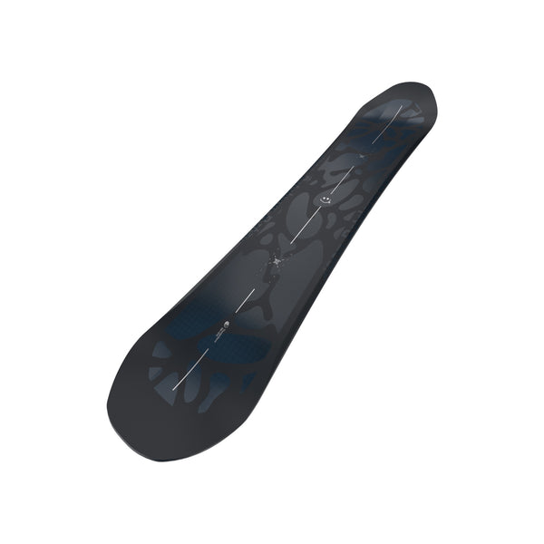 Zwart snowboard met grafisch design, bovenaanzicht geïsoleerd op witte achtergrond