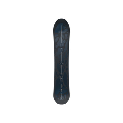 Zwart snowboard met donker design, bovenaanzicht geïsoleerd op witte achtergrond
