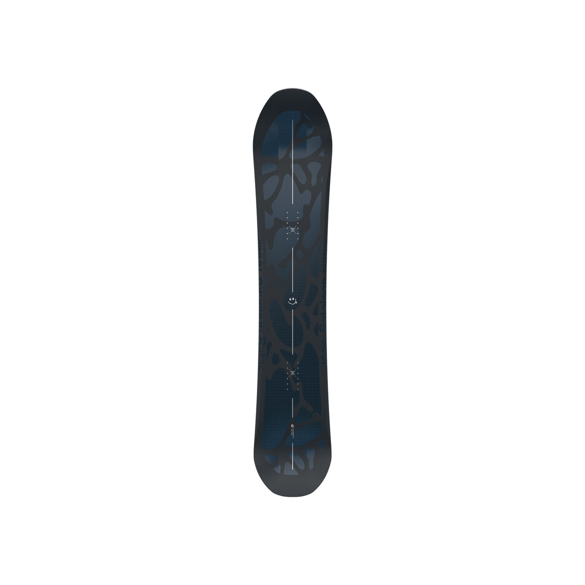 Zwart snowboard met donker design, bovenaanzicht geïsoleerd op witte achtergrond