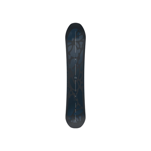 Zwart snowboard met donker design, bovenaanzicht geïsoleerd op witte achtergrond