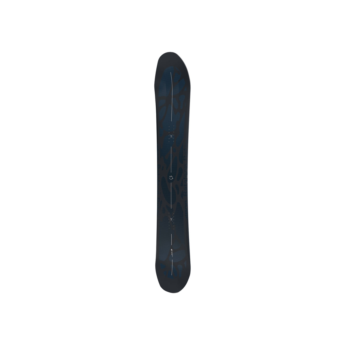 Zwarte snowboard met blauwe accenten, zijaanzicht op witte achtergrond