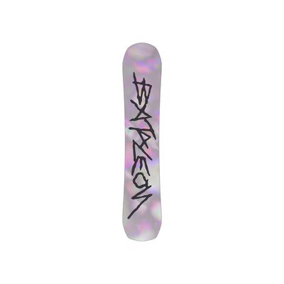 Burton snowboard met paars-roze grafische print en zwart logo op witte ondergrond