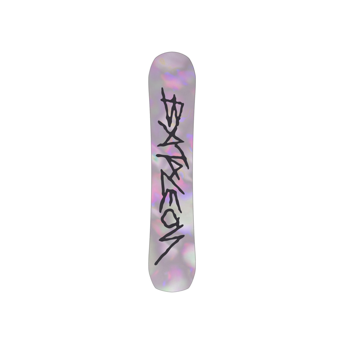 Burton snowboard met paars-roze grafische print en zwart logo op witte ondergrond