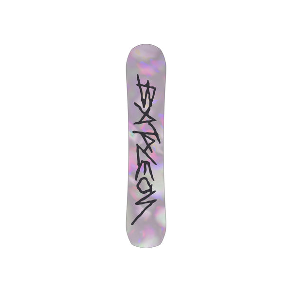 Burton snowboard met paars-roze grafische print en zwart logo op witte ondergrond