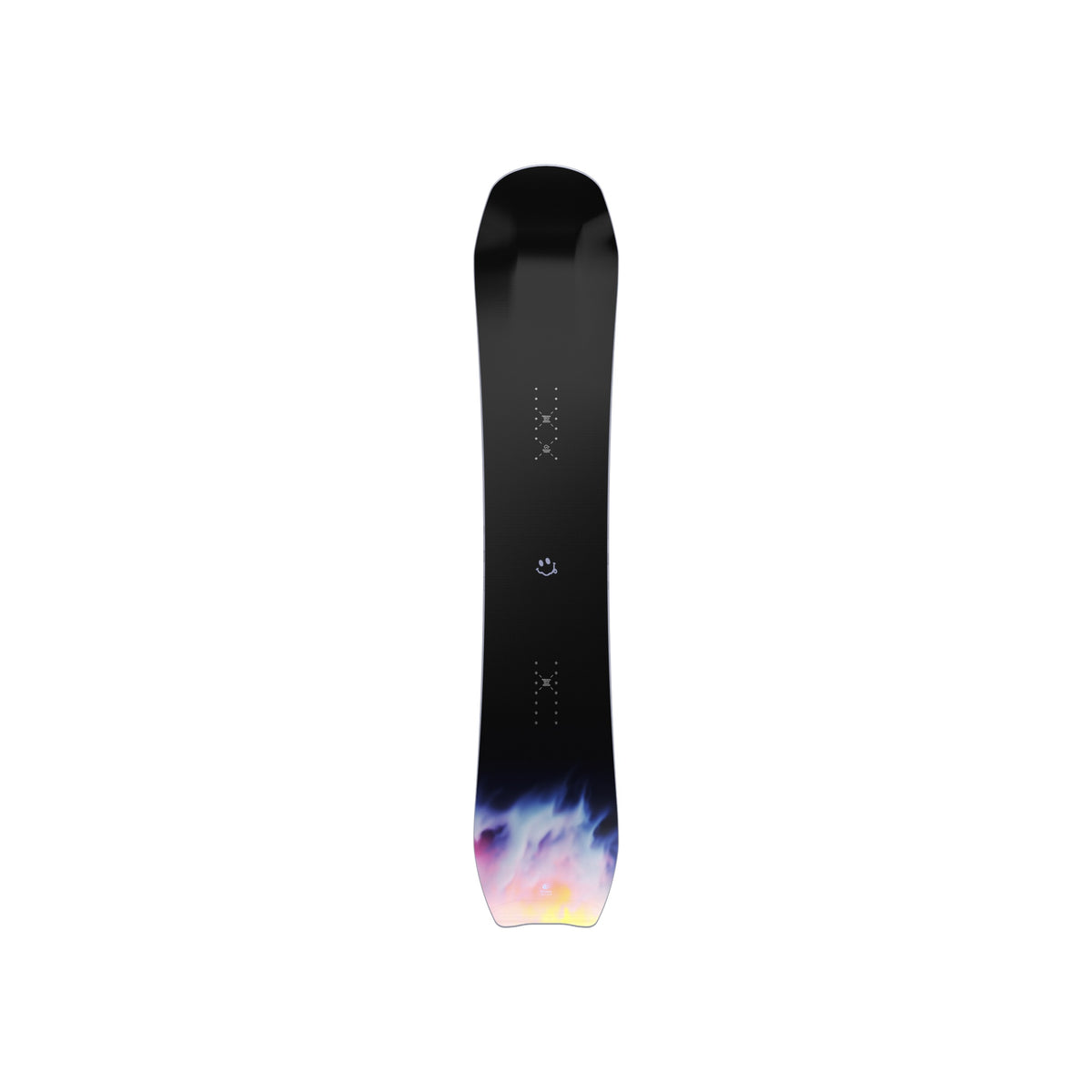 Zwart snowboard met paars-blauw gradient design aan de onderkant