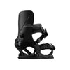 Zwarte snowboard binding met verstelbare riemen en highback, zijaanzicht op witte achtergrond