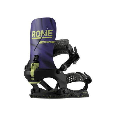 Rome Katana snowboardbinding paars met zwarte straps en groene accenten op witte achtergrond