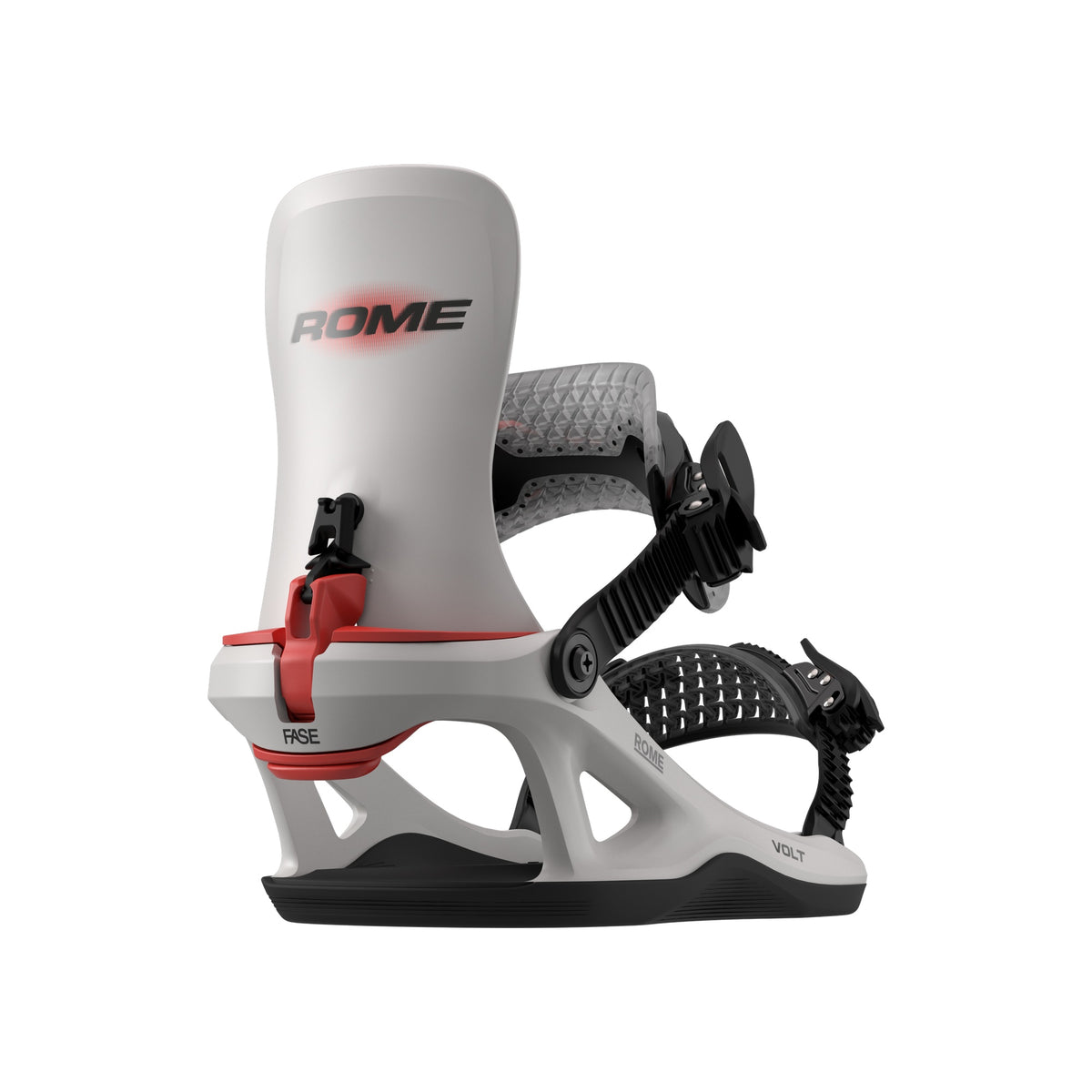 Rome snowboard binding wit met zwarte straps en rode accenten, zijaanzicht op witte achtergrond