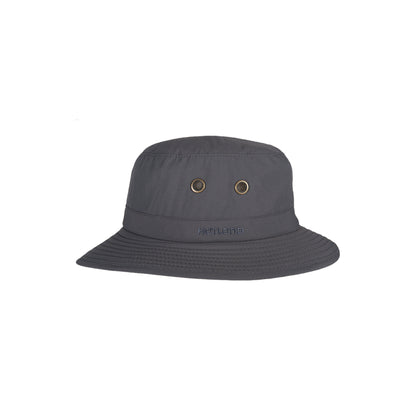 Grijze bucket hat met ventilatie-oogjes en brede rand voor zonbescherming