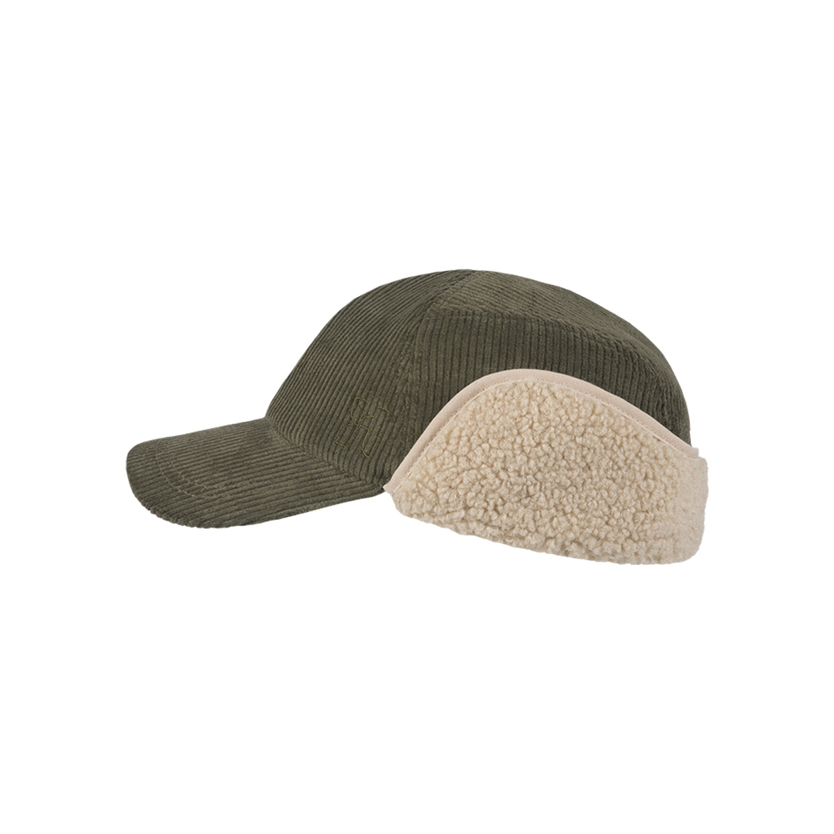 Groene corduroy pet met beige teddy voering, omkeerbare baseball cap wintermuts