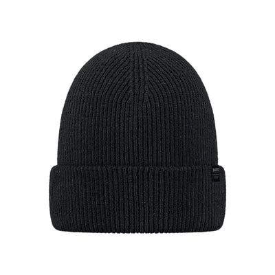 Zwarte gebreide muts met opgerolde rand, unisex winteraccessoire in geribbelde breipatroon