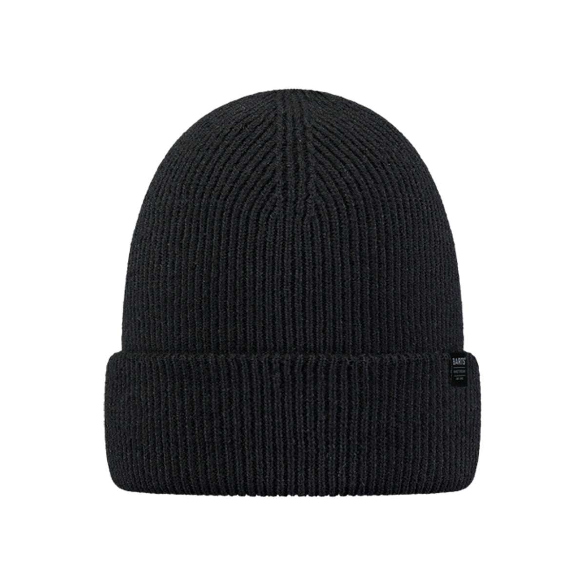 Zwarte gebreide muts met opgerolde rand, unisex winteraccessoire in geribbelde breipatroon