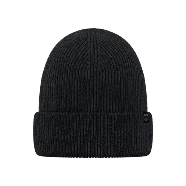 Zwarte gebreide muts met opgerolde rand, unisex winteraccessoire in geribbelde breipatroon