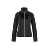 Zwarte dames softshell jas met rits en contrasterende panelen, staande kraag
