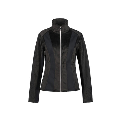Zwarte dames softshell jas met rits en contrasterende panelen, staande kraag