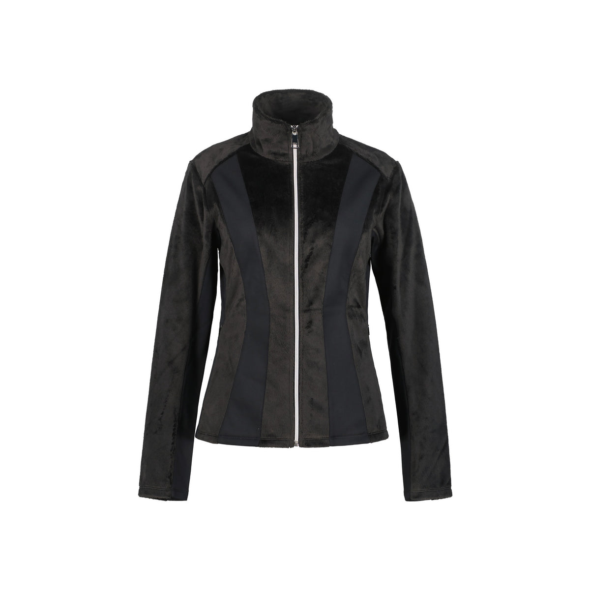 Zwarte dames softshell jas met rits en contrasterende panelen, staande kraag