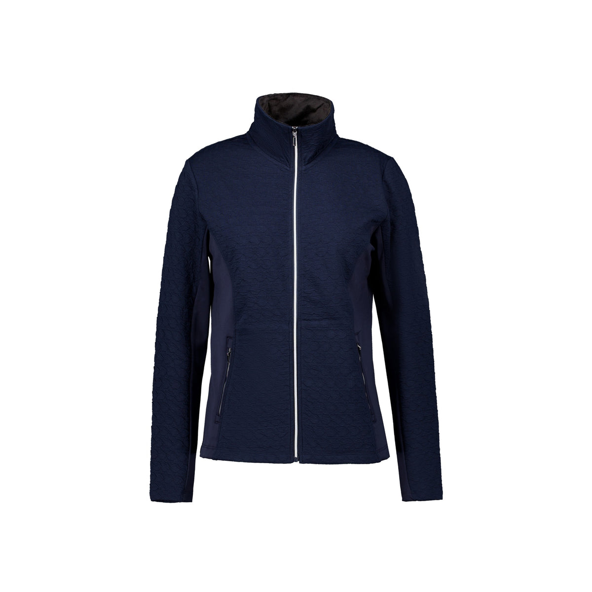 Donkerblauwe dames softshell jas met rits en staande kraag