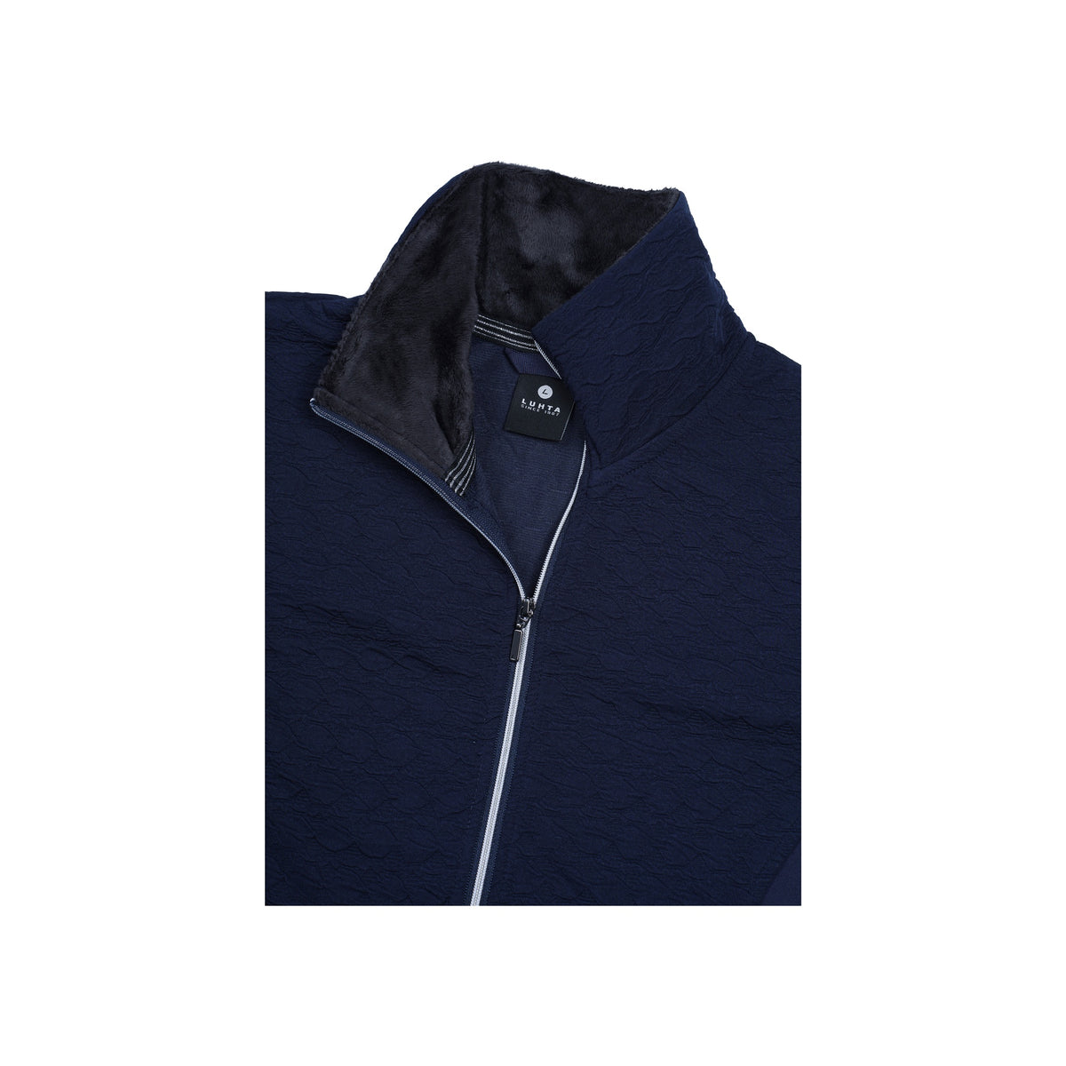 Donkerblauwe fleece vest met rits en opstaande kraag, productdetail
