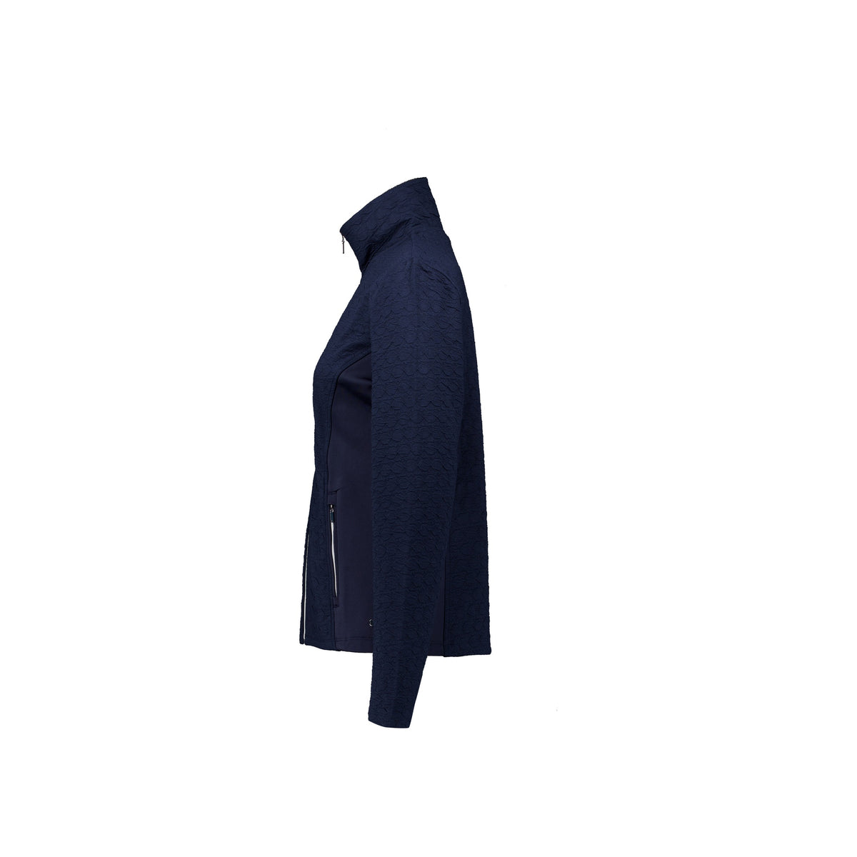 Donkerblauwe dames softshell jas met ritssluiting en staande kraag, zijaanzicht