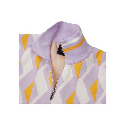 Paars wielershirt met gele en witte strepen en rits met opstaande kraag