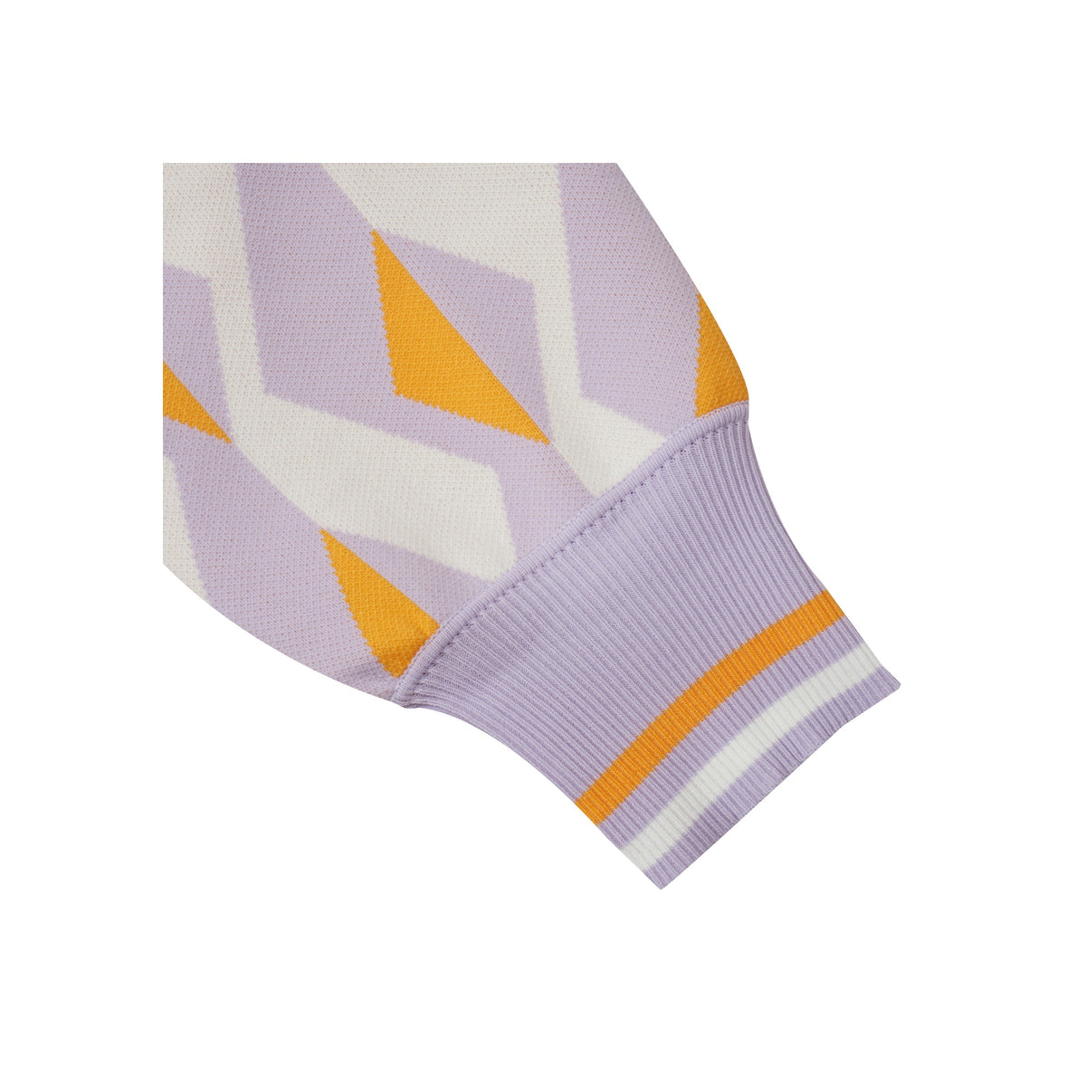 Paarse gebreide manchet met geometrisch oranje en wit patroon detail