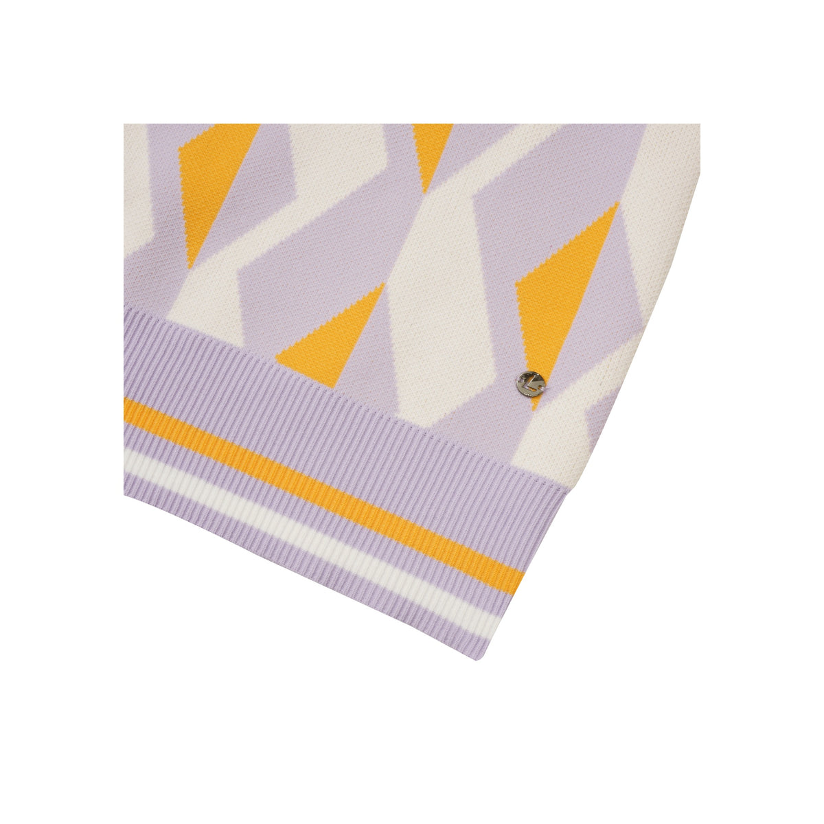 Paars en geel geometrisch patroon tafelkleed met gestreepte rand en knoop detail