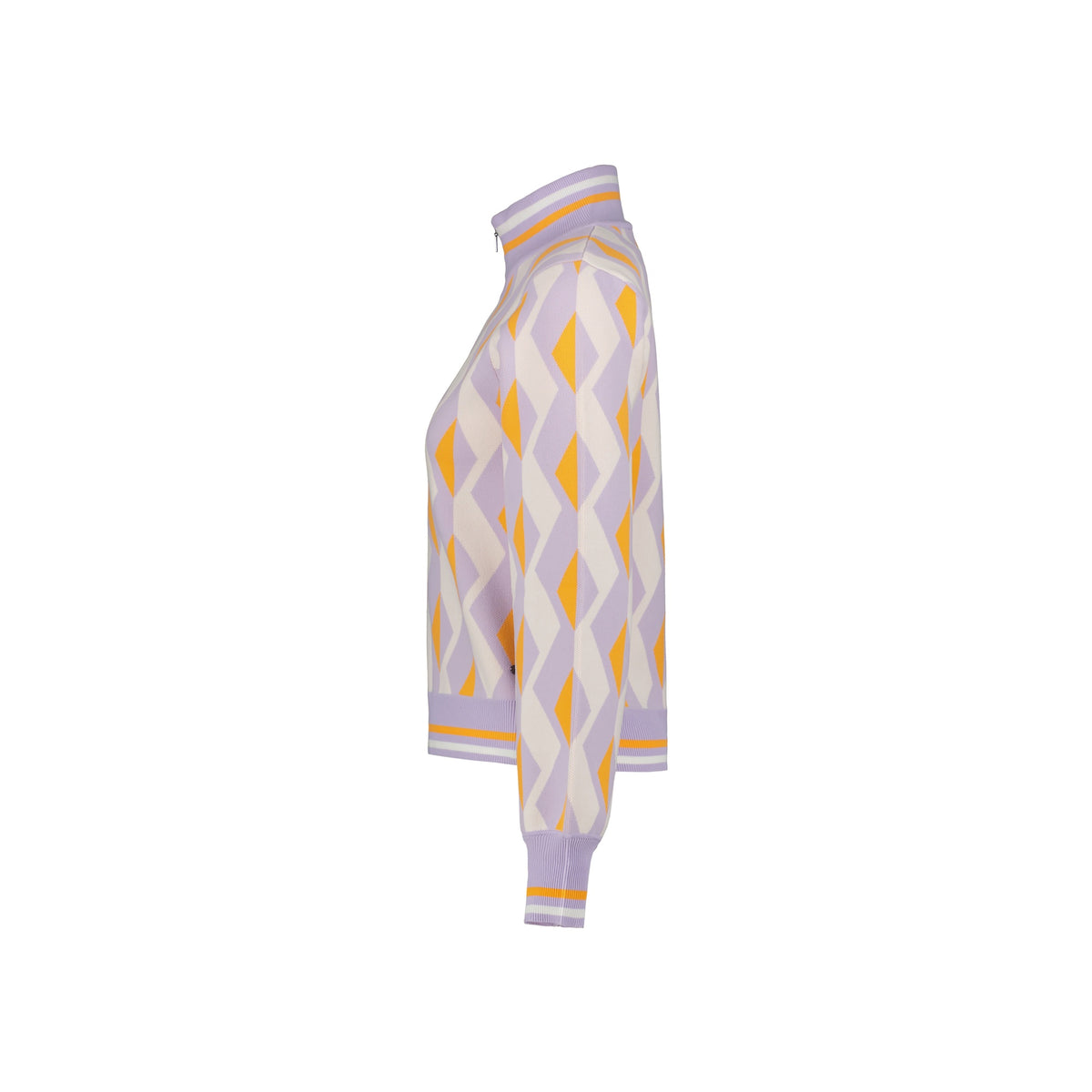 Paarse sjaal met geometrisch patroon in lavendel, beige en gele tinten