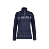 Donkerblauwe dames skipully met Noorse print en halve rits, perfect voor wintersport