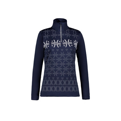 Donkerblauwe dames skipully met Noorse print en halve rits, perfect voor wintersport