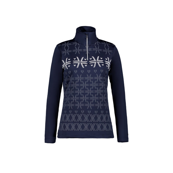 Donkerblauwe dames skipully met Noorse print en halve rits, perfect voor wintersport